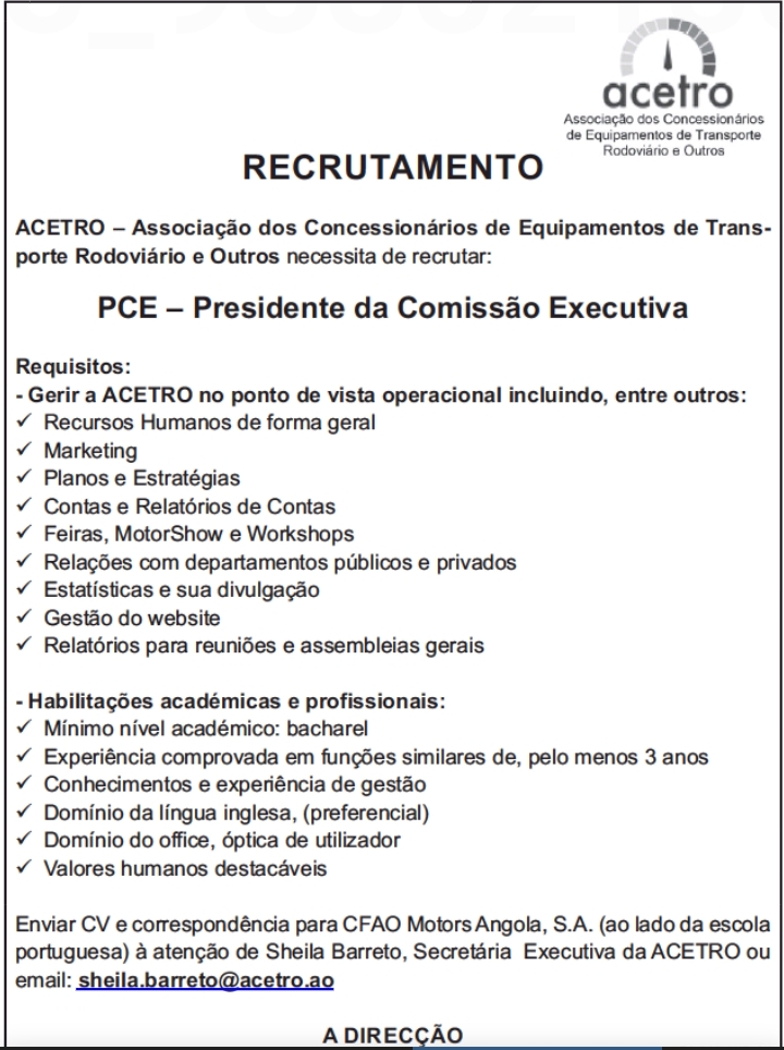 Vaga para o cargo de PCE — Presidente da Comissão Executiva 