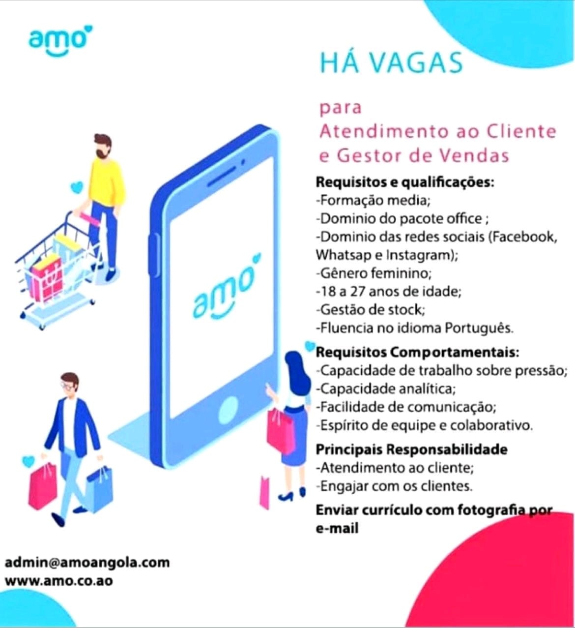 DUAS (2) VAGAS DISPONÍVEIS PARA ATENDIMENTO AO CLIENTE E GESTOR DE VENDAS