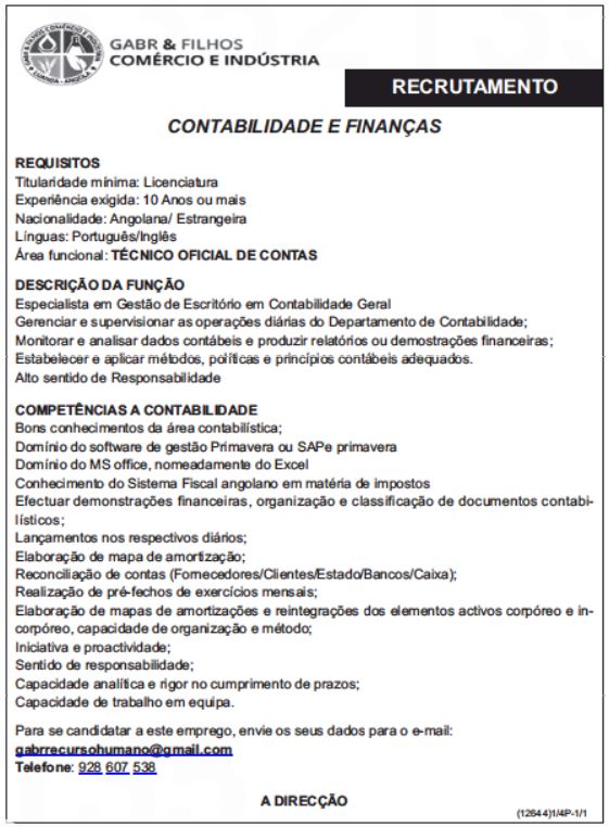 VAGA EM CONTABILIDADE E FINANÇAS