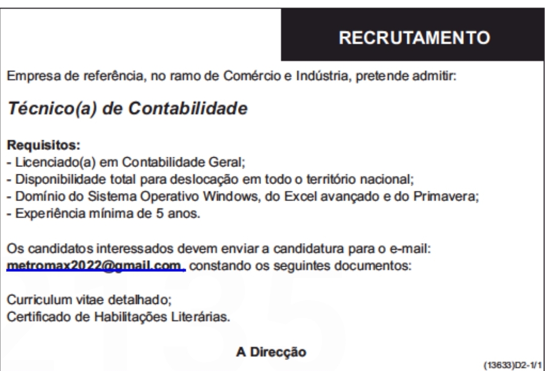 Vaga para Técnico(a) de Contabilidade