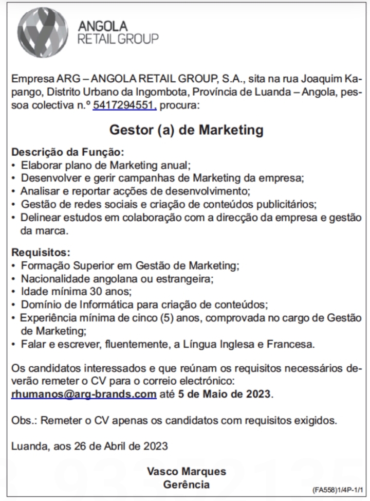 Vaga para Gestor (a) de Marketing 