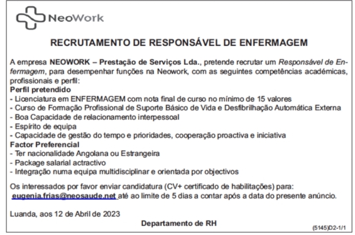 VAGA PARA RESPONSÁVEL DE ENFERMAGEM
