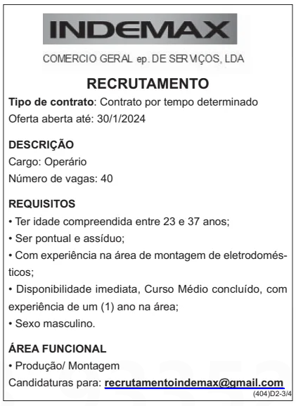 40 Vagas para Operários com Ensino Médio