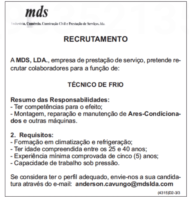 VAGA PARA TÉCNICO DE FRIO