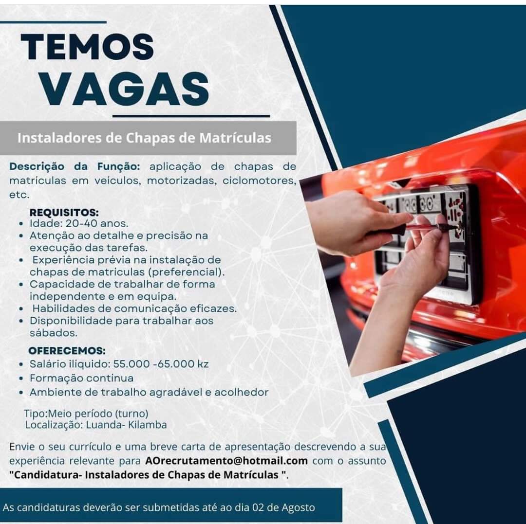 Vaga para Instaladores de Chapas de Matrículas 