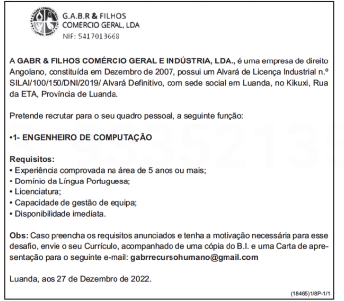 OPORTUNIDADE PARA UM (1) ENGENHEIRO DE COMPUTAÇÃO 