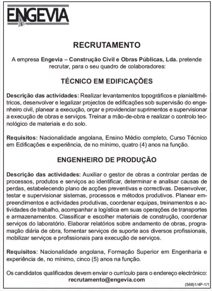 DUAS (2) VAGAS DISPONÍVEIS PARA TÉCNICO EM EDIFICAÇÕES & ENGENHEIRO DE PRODUÇÃO