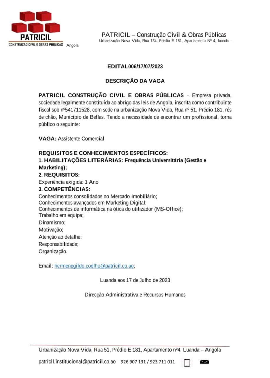 Vaga para Assistente Comercial 