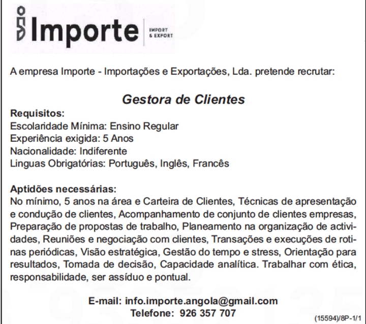 Vaga para Gestora de Clientes 