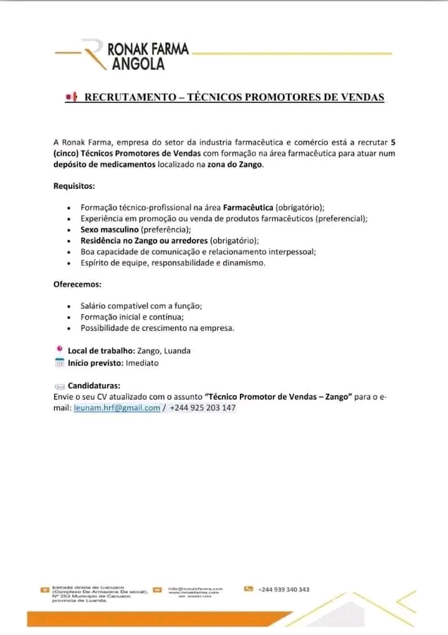 VAGA PARA (5)  TÉCNICOS PROMOTORES DE VENDAS