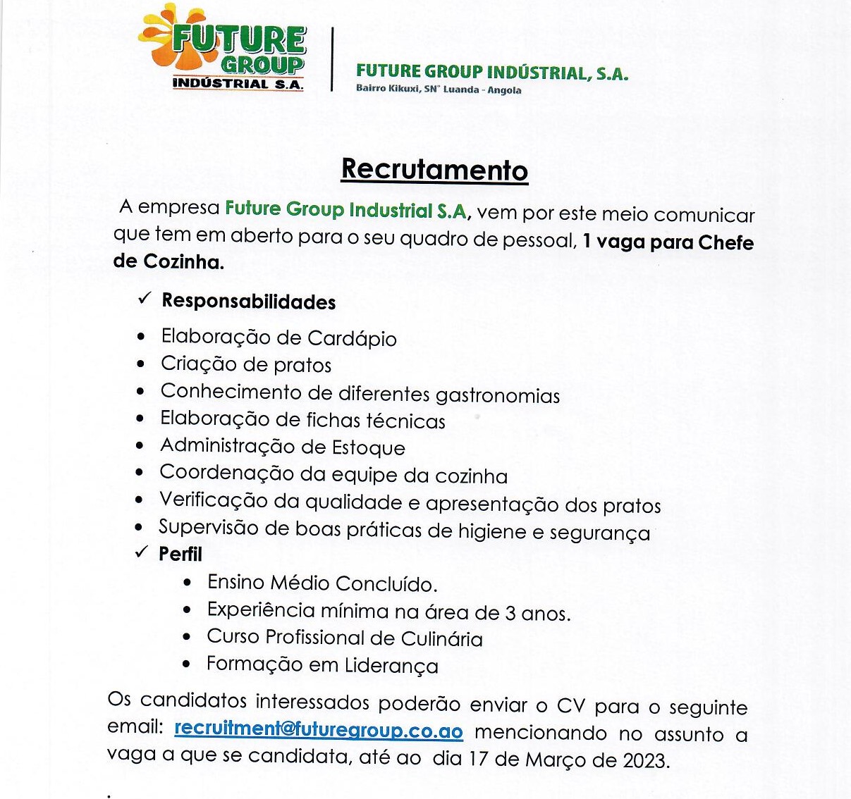 Vaga Para Uma (1) Chefe de Cozinha