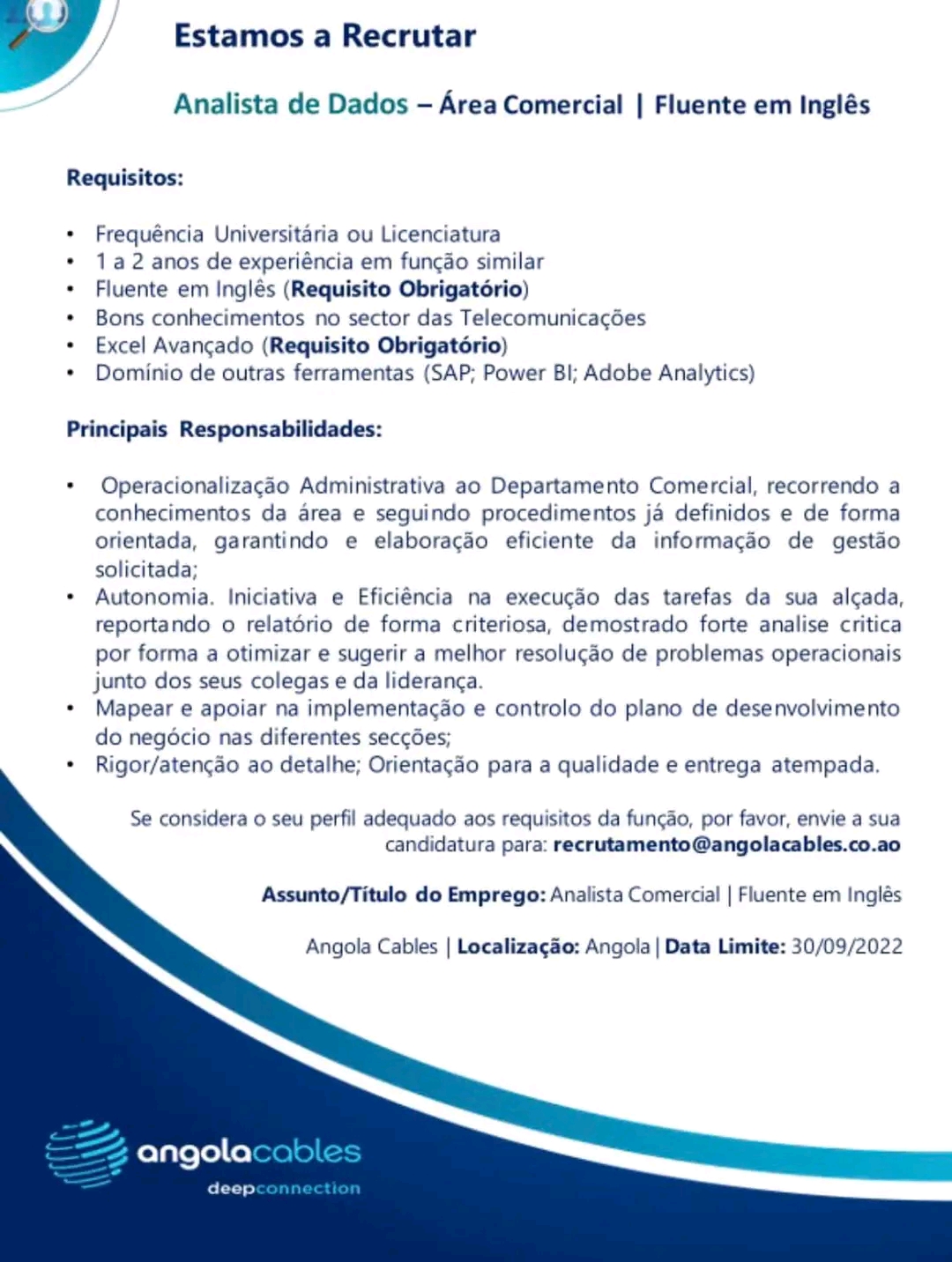 VAGA PARA ANALISTA DE DADOS