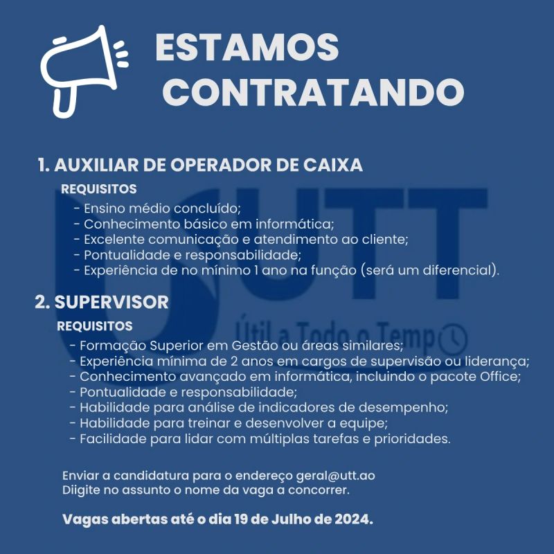 VAGA PARA  AUXILIAR DE OPERADOR DE CAIXA 