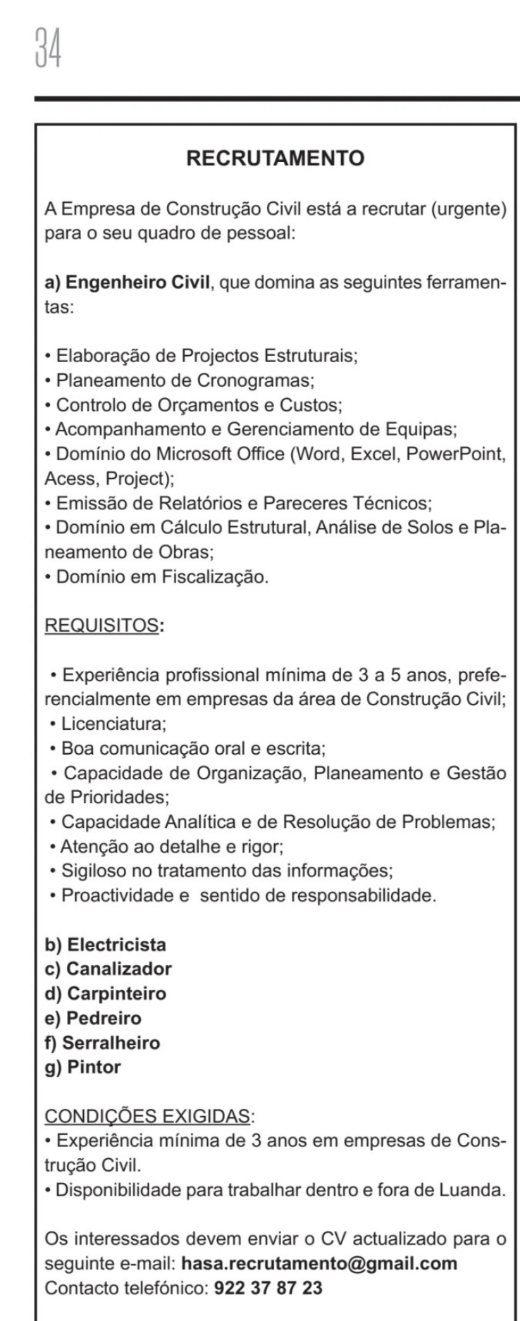 Vaga para Engenheiro Civil e Profissionais de Construção