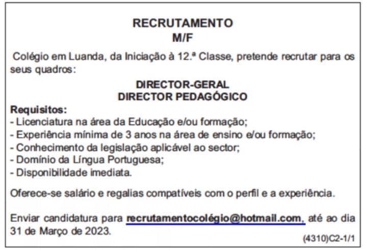 VAGA PARA DIRECTOR-GERAL & DIRECTOR PEDAGÓGICO
