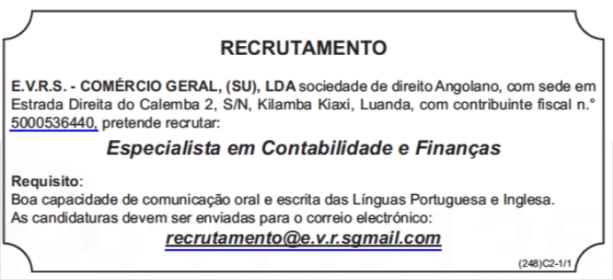VAGA PARA ESPECIALISTA EM CONTABILIDADE E FINANÇAS