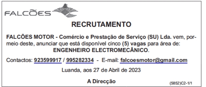 CINCO(5) VAGAS DISPONÍVEIS PARA A ÁREA DE ENGENHEIRO ELECTROMECANICO