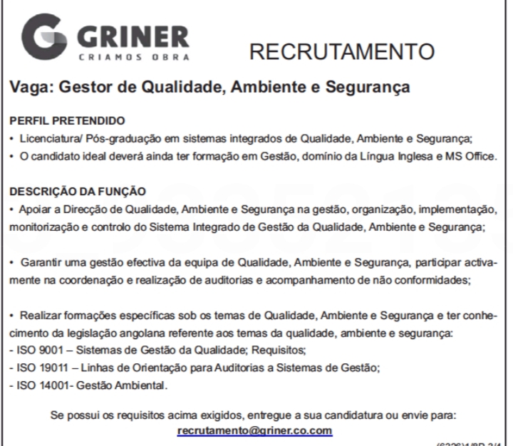 Vaga para Gestor de Qualidade, Ambiente e Segurança 