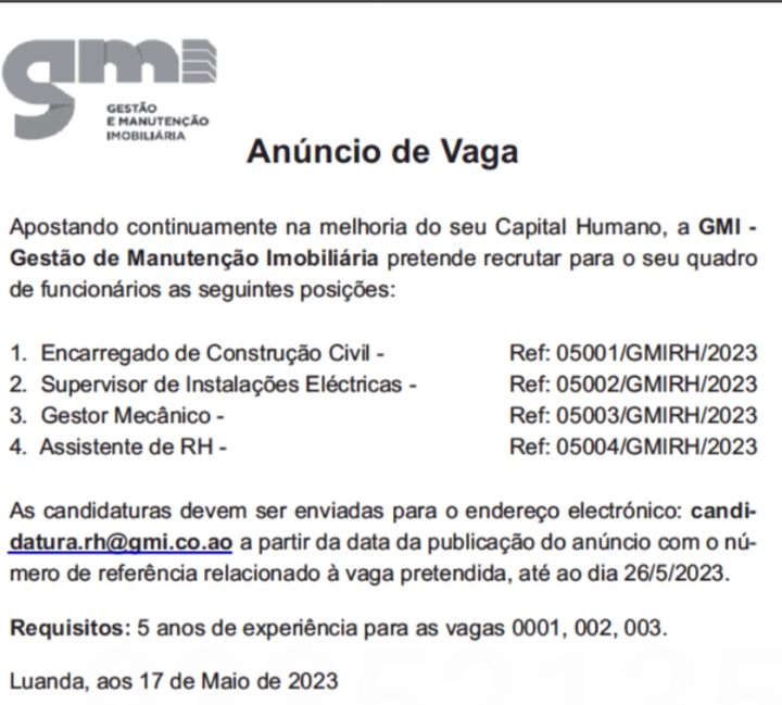 QUATRO(4) VAGAS DE EMPREGO ABERTAS NA GMI- GESTÃO DE MANUTENÇÃO IMOBILIÁRIA 