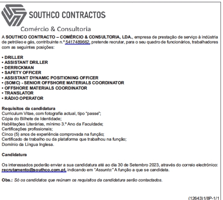 ABERTAS NOVE(9) VAGAS NA SOUTHCO CONTRACTO — COMÉRCIO CONSULTORIA, LDA