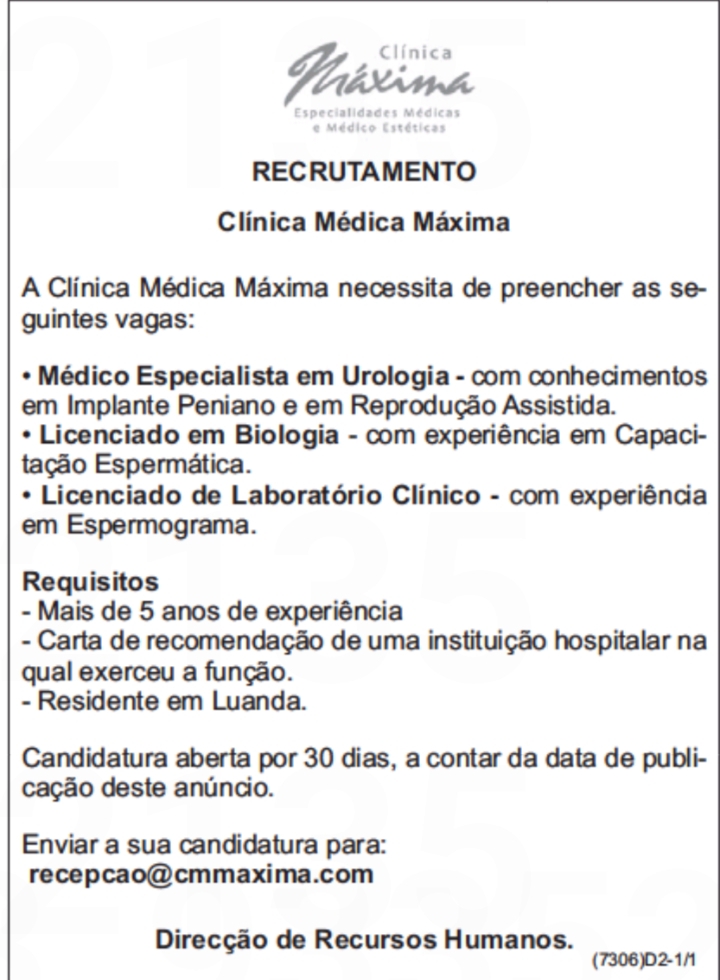 OPORTUNIDADE DE EMPREGO NA CLÍNICA MÉDICA MÁXIMA 