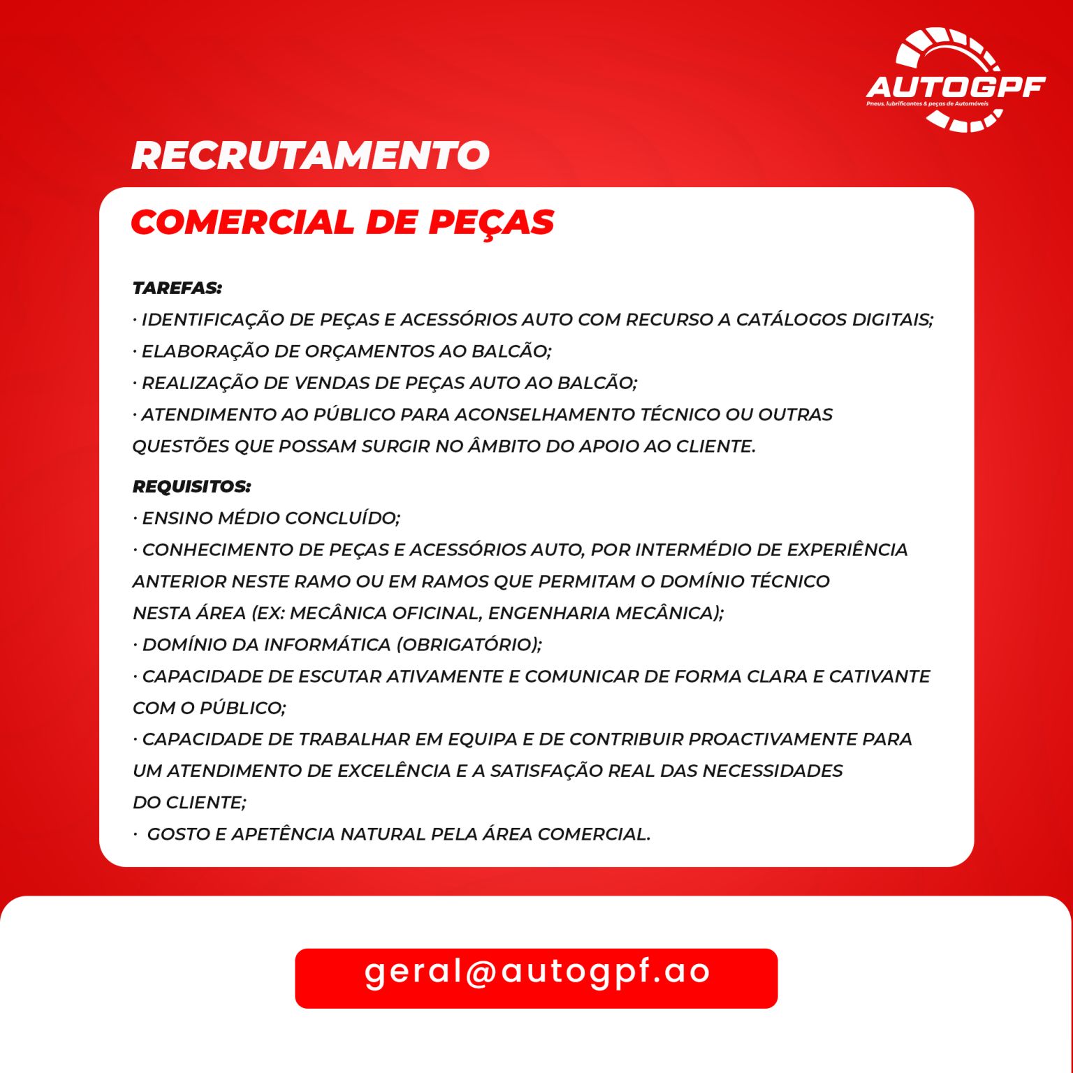 Vaga para Comercial de Peças