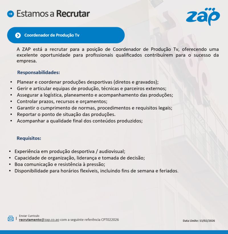 Vaga para Coordenador de Produção TV