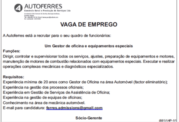 Vaga para Gestor de oficina e equipamentos especiais 