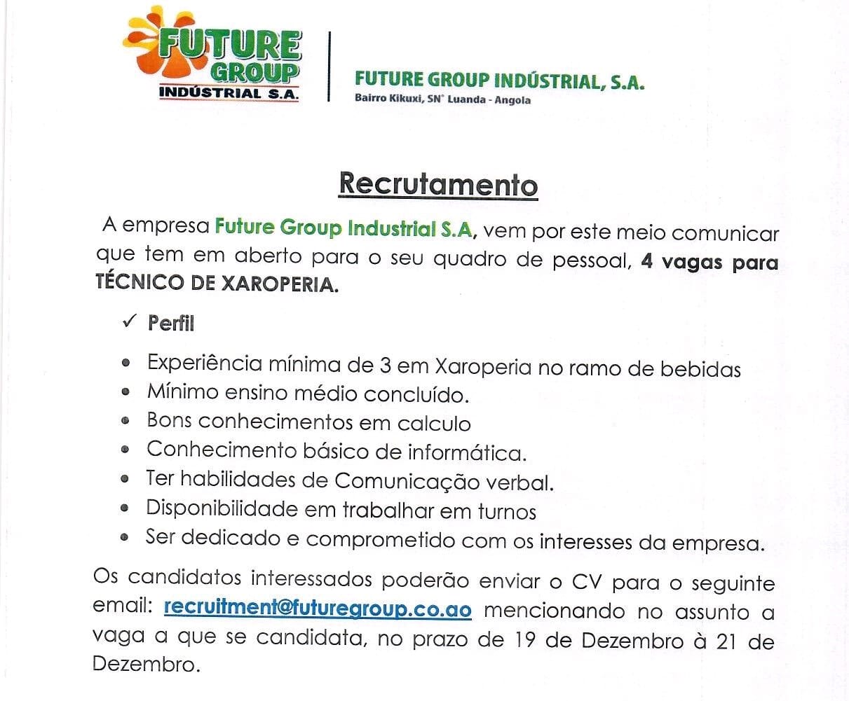 QUATRO (4) VAGAS DISPONÍVEIS NA FUTURE GROUP INDUSTRIAL- S.A 