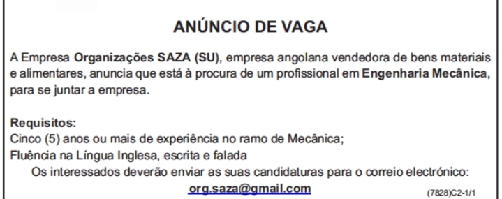 VAGA PARA UM(1) ENGENHEIRO MECÂNICO 