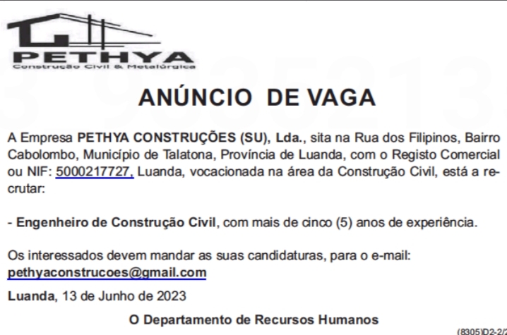 Vaga para Engenheiro de Construção Civil