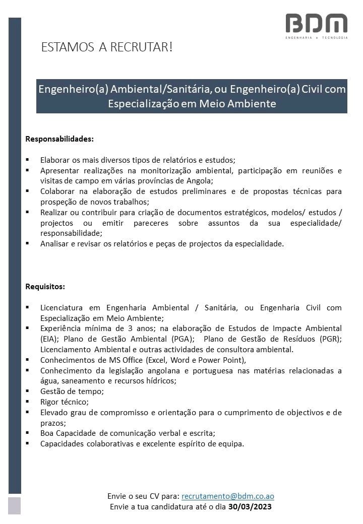 Vaga para Engenheiro(a) Ambiental/Sanitária, ou Engenheiro(a) Civil com Especialização em Meio Ambiente 