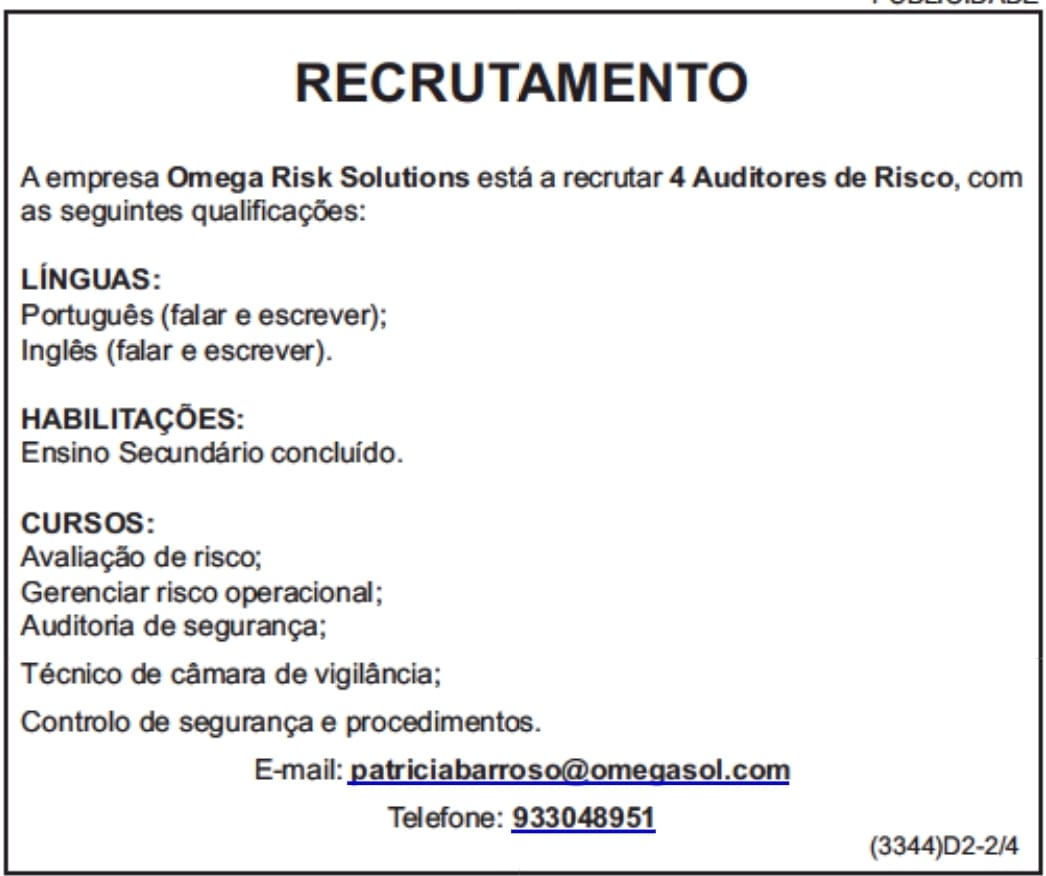 QUATRO (4) VAGAS DISPONÍVEIS  PARA AUDITORES DE RISCO