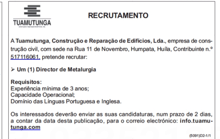 Vaga para Um (1) Director de Metalurgia 