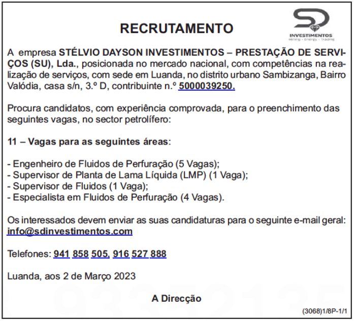 ONZE (11) VAGAS DISPONÍVEIS NA EMPRESA STÉLVIO DAYSON INVESTIMENTOS – PRESTAÇÃO DE SERVIÇOS (SU), LDA