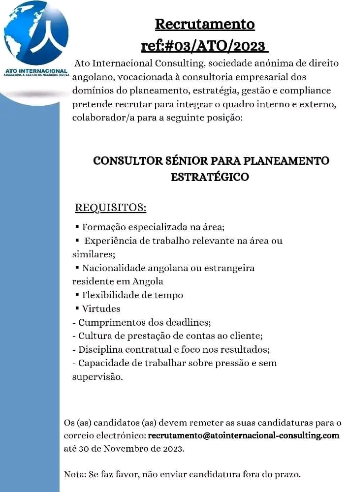 VAGA PARA CONSULTOR SÉNIOR PARA PLANEAMENTO ESTRATÉGICO 