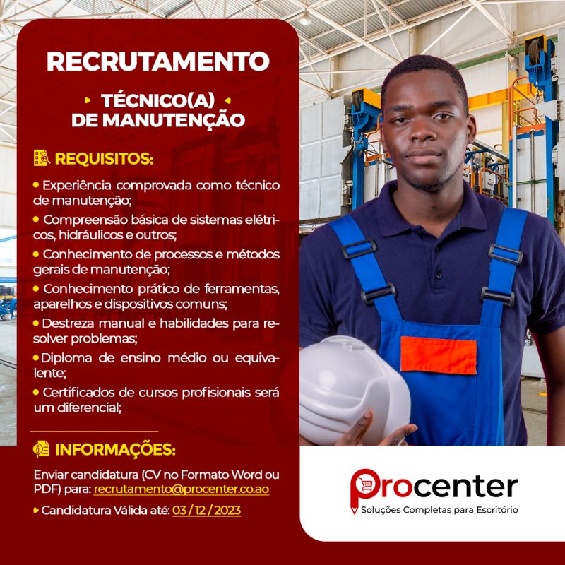 VAGA PARA TÉCNICO (A) DE MANUTENÇÃO 