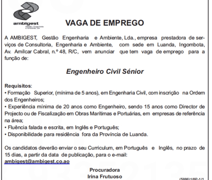 Vaga para Engenheiro Civil Sénior