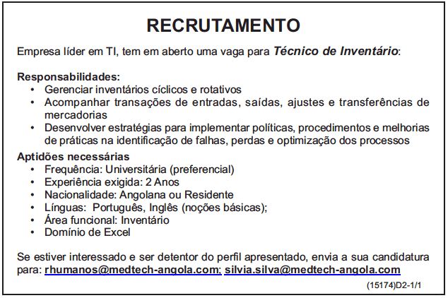 VAGA PARA TÉCNICO DE INVENTÁRIO