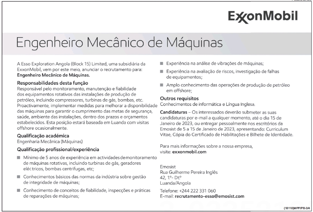 VAGA PARA ENGENHEIRO  MECÂNICO DE MÁQUINAS
