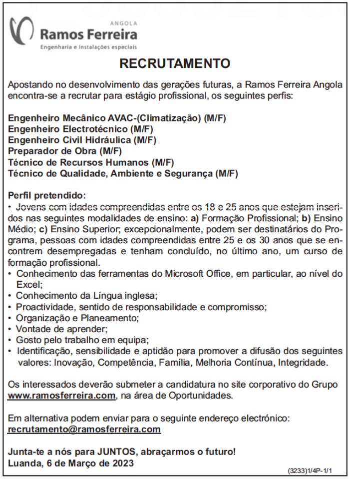 SEIS (6) OPORTUNIDADES DE ESTÁGIO NA RAMOS FERREIRA ANGOLA
