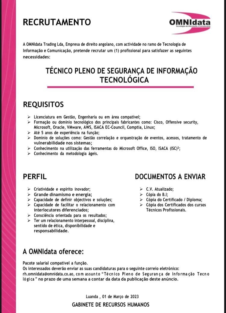 VAGA PARA TÉCNICO PLENO DE SEGURANÇA DE INFORMAÇÃO TECNOLÓGICA 