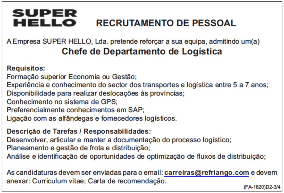 Vaga para Chefe de Departamento de Logística