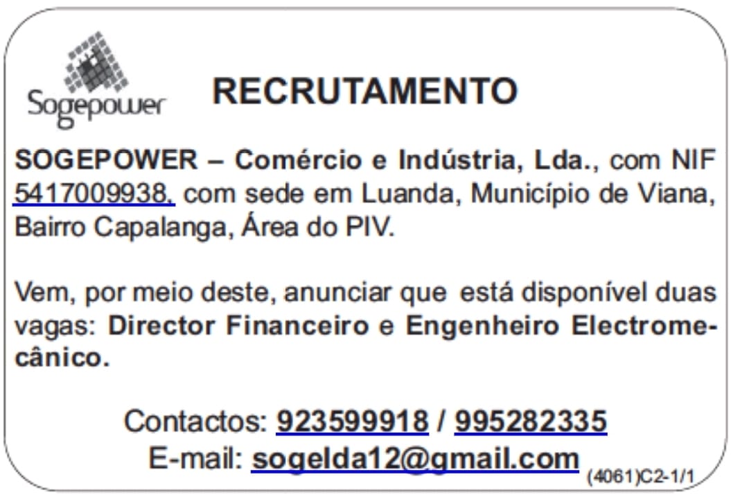 Vaga para Director Financeiro & Engenheiro Electromecânico