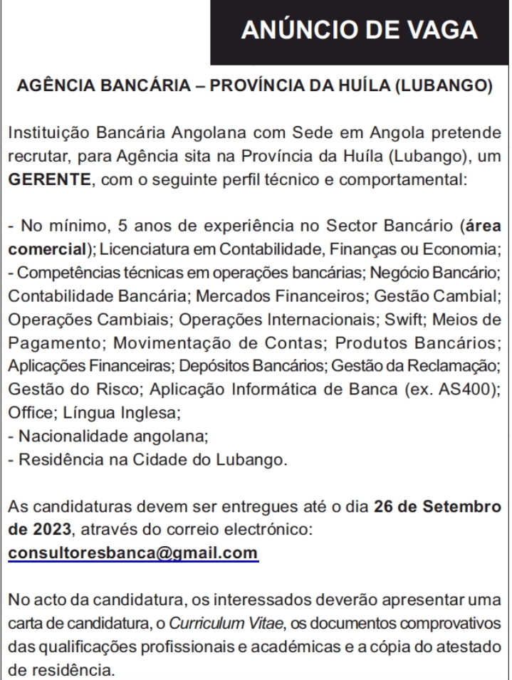 VAGA PARA O CARGO DE GERENTE 