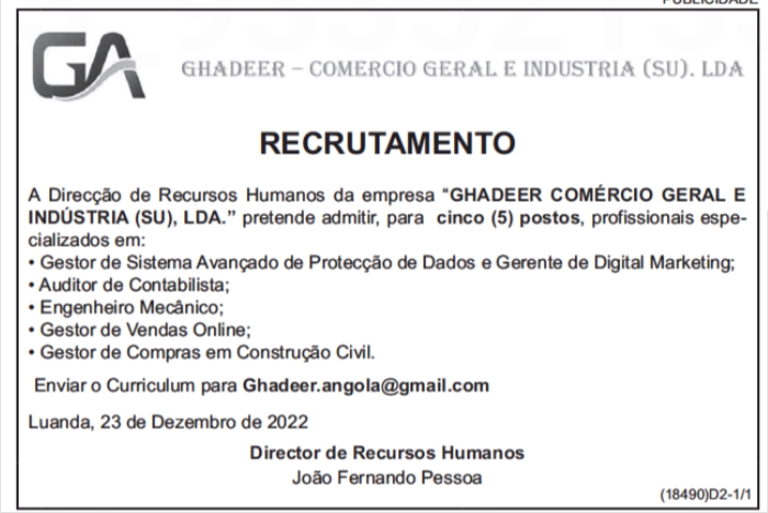 CINCO (5) VAGAS DISPONÍVEIS NA GHADEER - COMÉRCIO GERAL E INDÚSTRIA (SU)-LDA