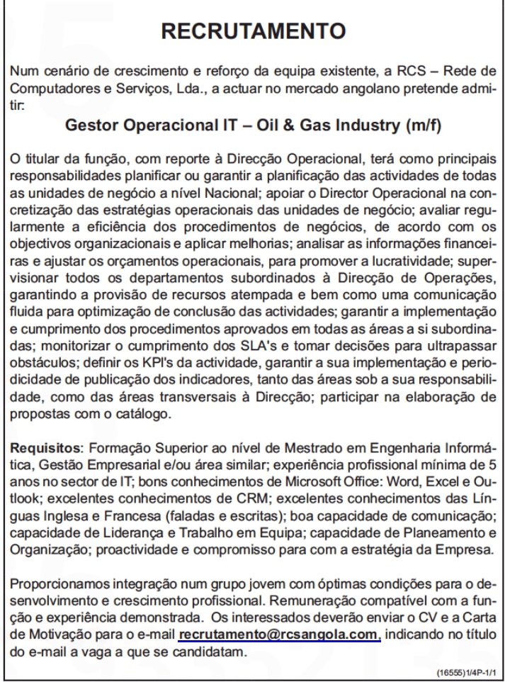 Vaga para Gestor Operacional IT — Oil & Gas Industry (m/f) 