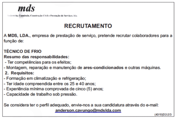 VAGA PARA TÉCNICO DE FRIO 