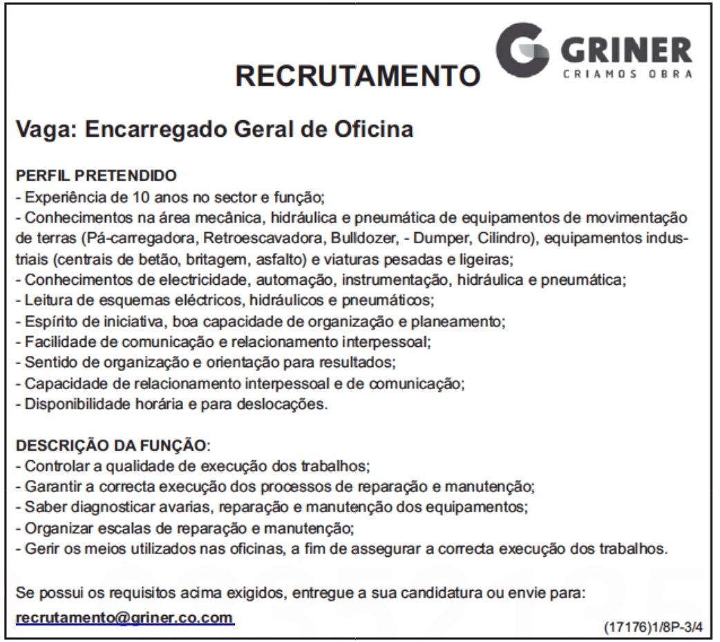 Vaga Para Encarregado Geral de Oficina 