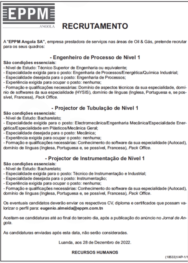 TRÊS (3) VAGAS DISPONÍVEIS NA EPPM ANGOLA SA